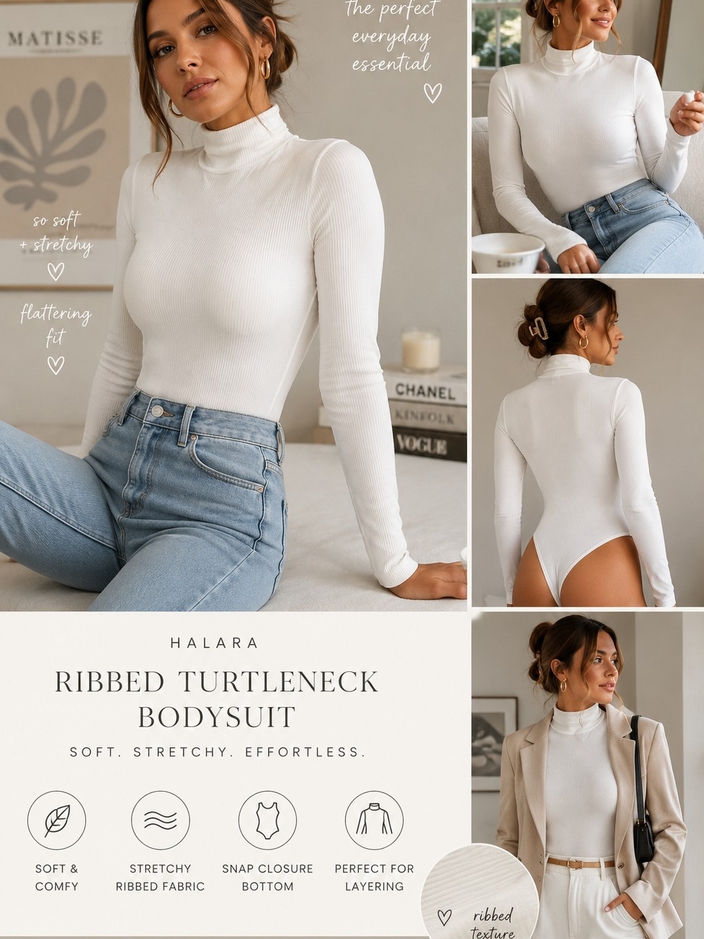 💖NWT Halara White Ribbed Turtleneck Long Sleeve Bodysuit XS Minimalist Staple💖